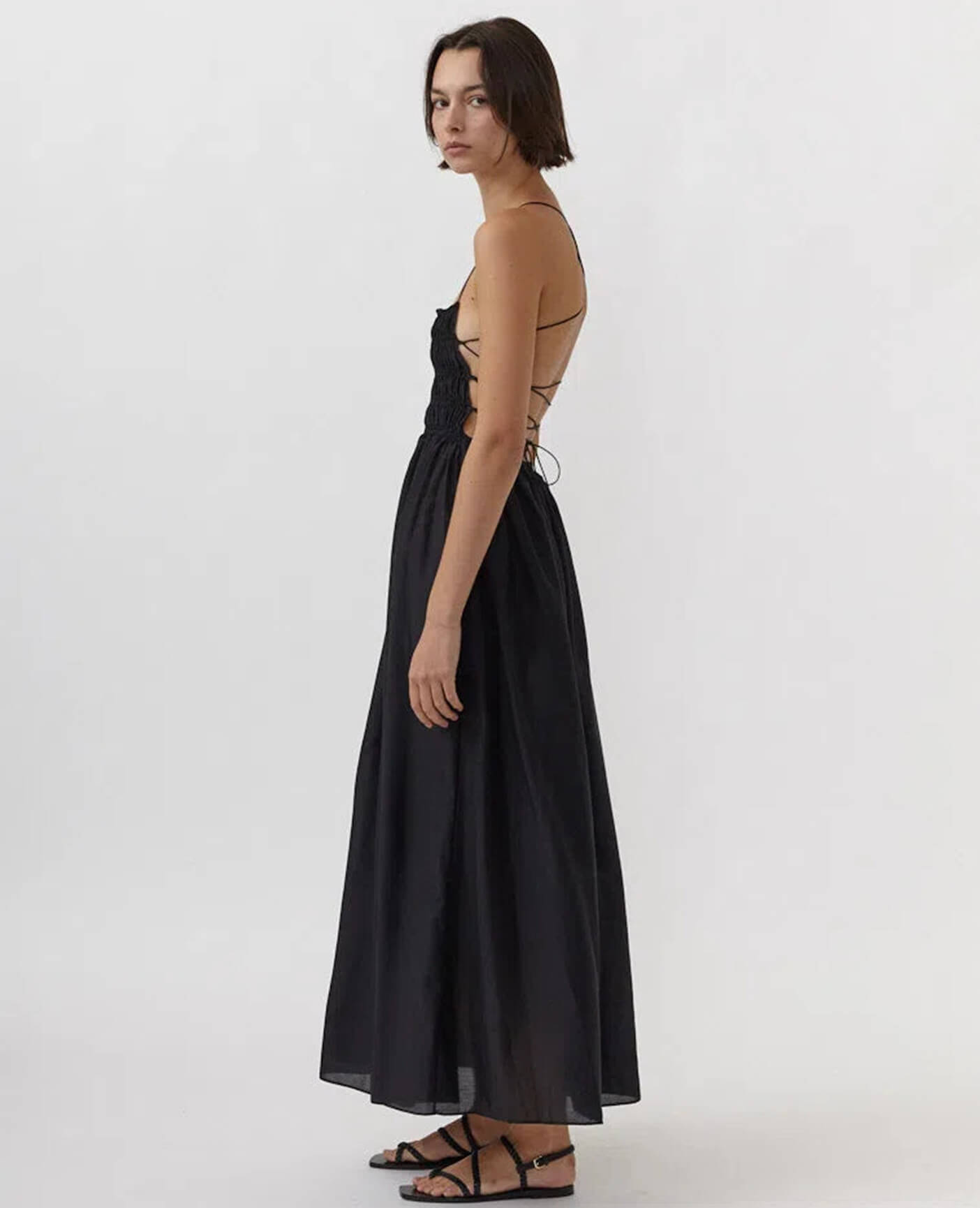 Matteau Shirred Lace-Up Dress Black Size 8