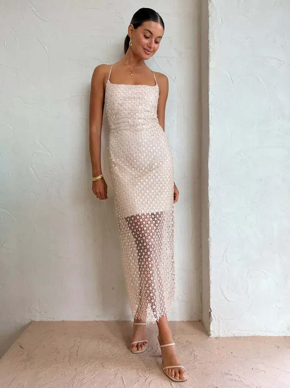 white christmas dresses HAND-CROCHET SEQUIN EMBELLISHED STRAPLESS MINI DRESS IN GOLD | CULT MIA main image 0