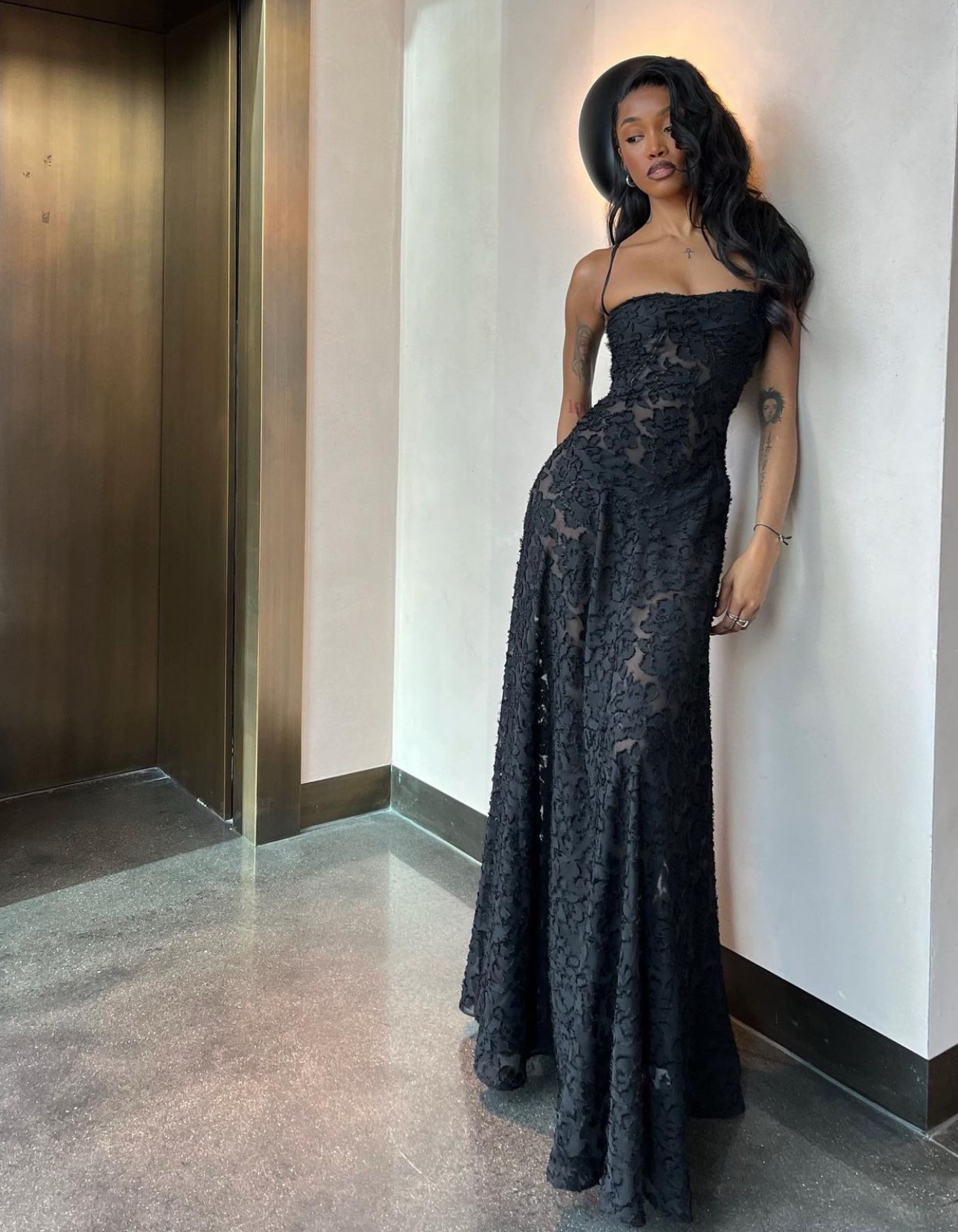 slim fit dress slacks Off-The-Shoulder Black Floral Lace Long Sleeve Maxi Dress 1119 main image 1