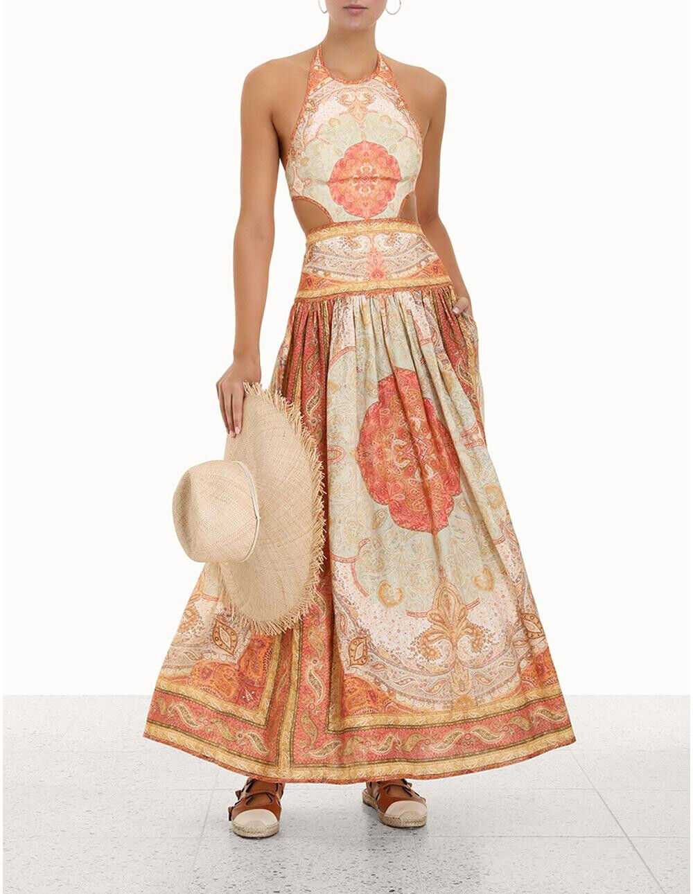 zimmermann cutout paisley-print linen halterneck maxi dress Zimmermann Anneke Cut Out Paisley-Print Linen Maxi Dress Orange Size 0
