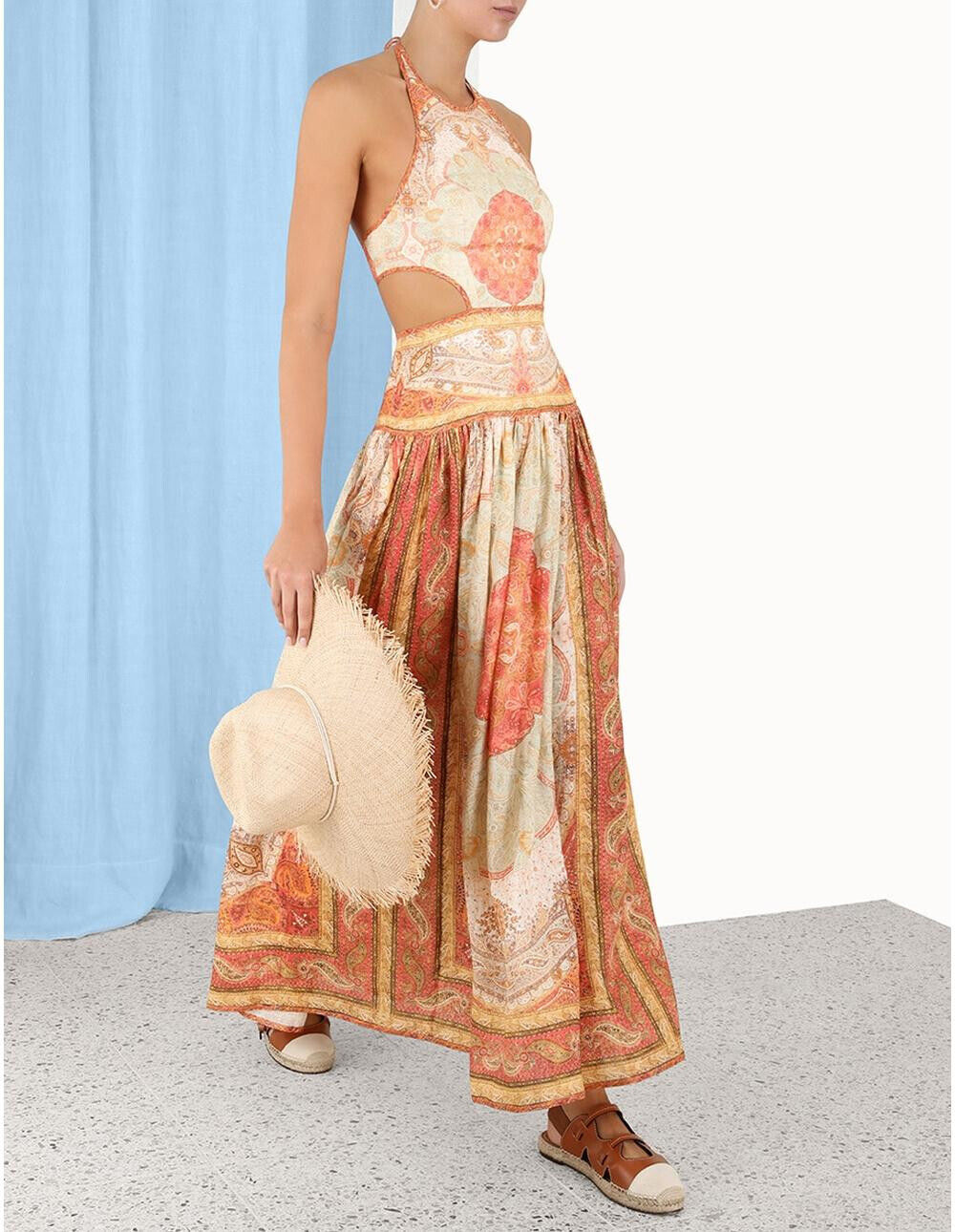 Zimmermann Anneke Cut Out Paisley-Print Linen Maxi Dress Orange Size 0
