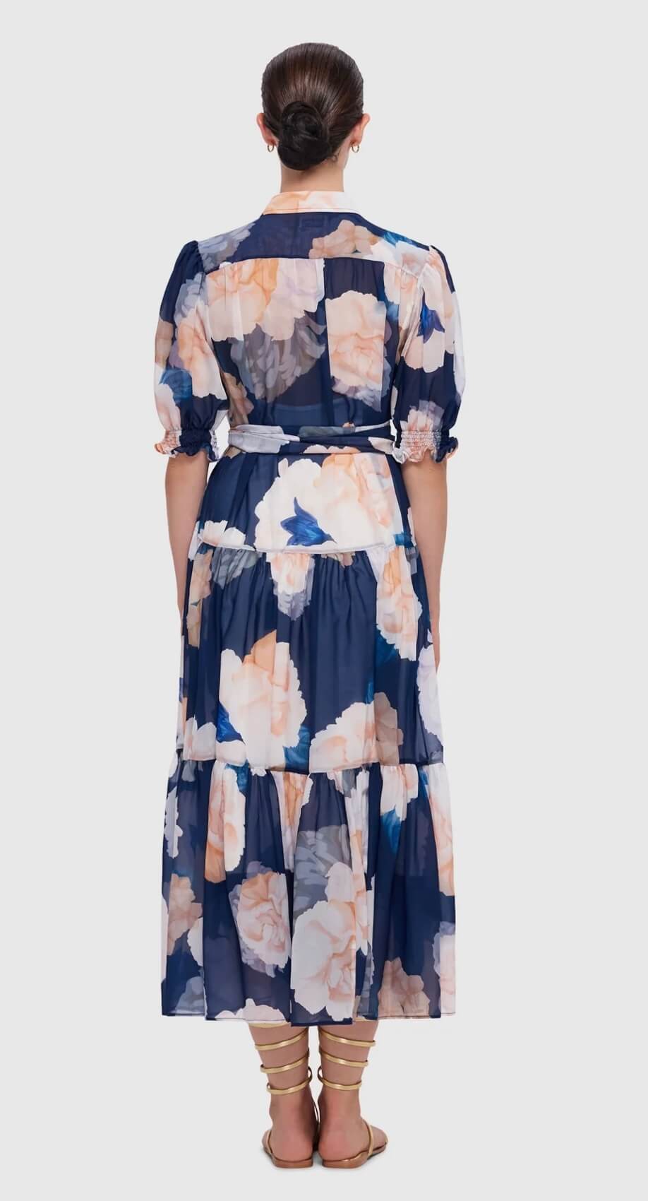 Leo Lin Ellie Bishop Sleeve Midi Dress Rosebud Print Navy Size 16