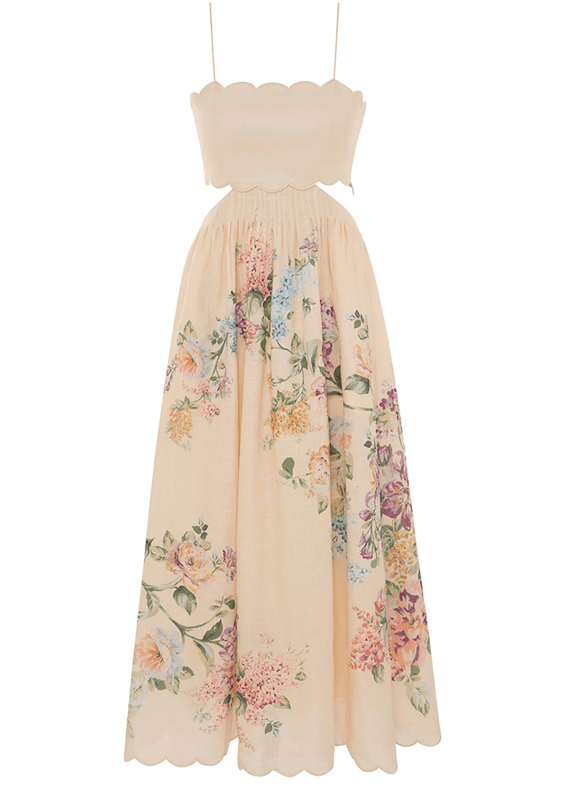 halliday scallop midi dress in cream watercolour floral Zimmermann Halliday Scallop Midi Dress Cream Watercolour Floral Size 1 / AU  10