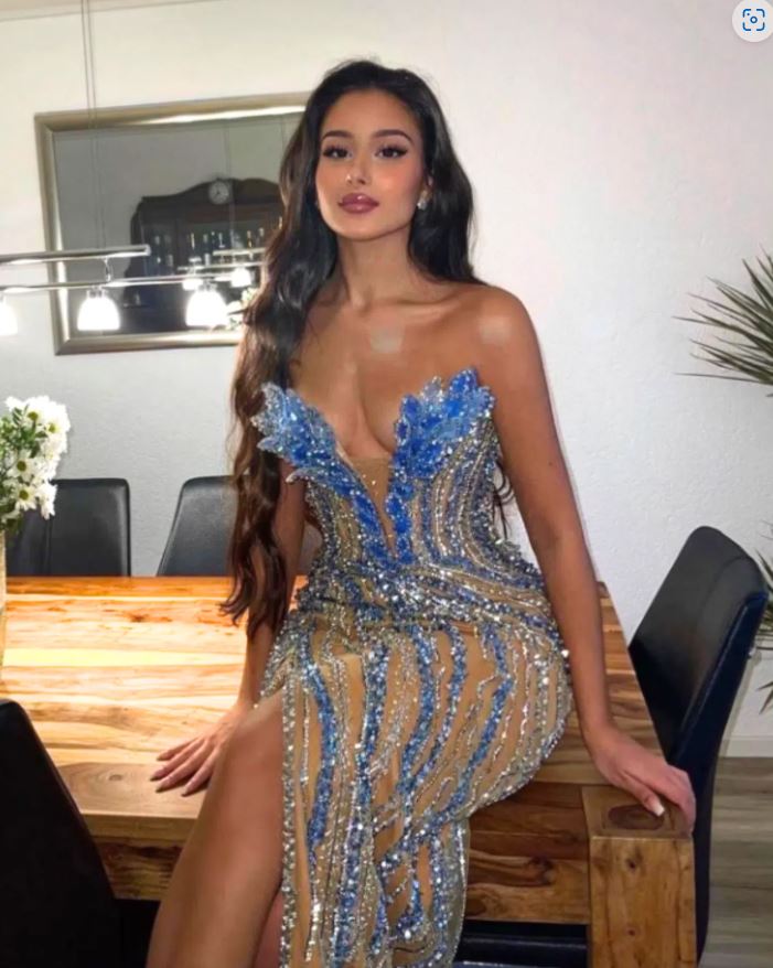albina dyla blue embellished dress with leaf corset Blue embellished dress with leaf corset – ALBINA DYLA