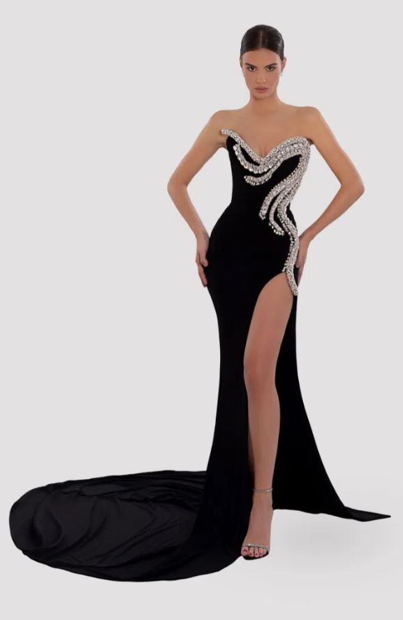 Albina Dyla Black Diamond Encrusted Corset Gown Black Size XS