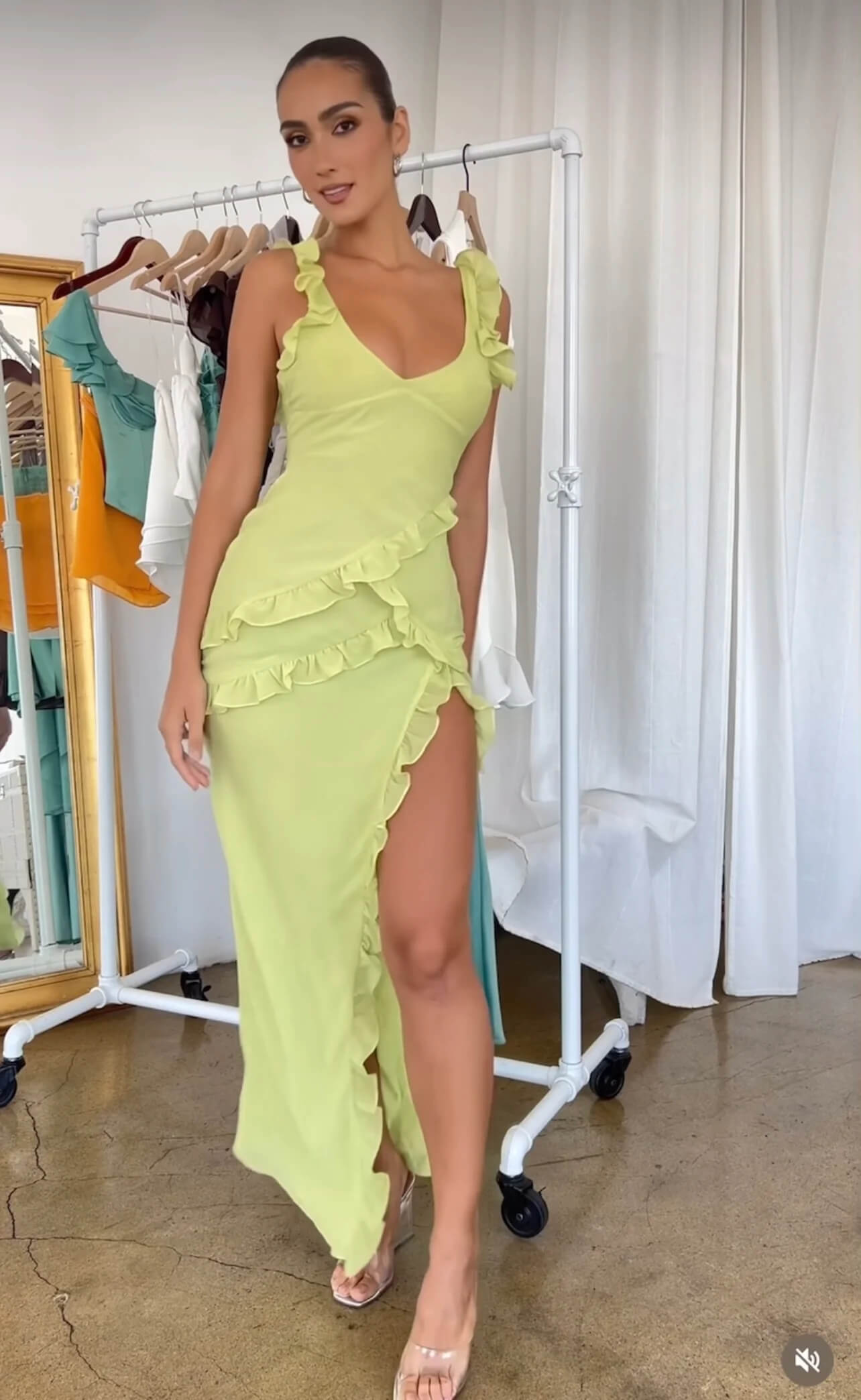house of cb lime green dress House Of CB Pixie Ruffle Maxi Dress Lime Green Size XS