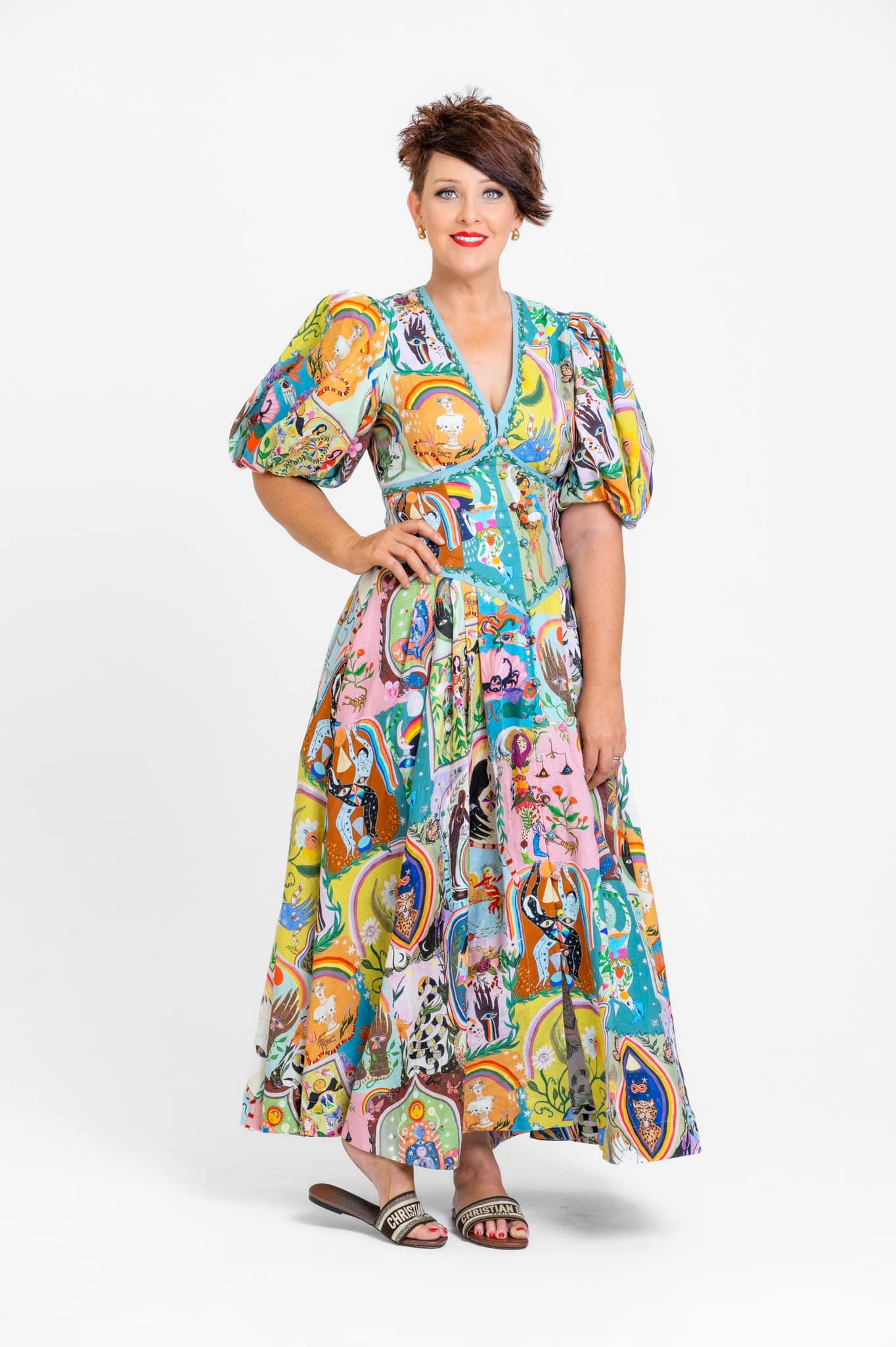 knee length dresses for ladies ALEMAIS EVERGREEN MIDI DRESS MULTI SIZE 8