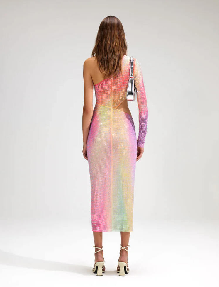 printed mesh rhinestone midi dress LENNON PRINTED MESH RHINESTONE MIDI DRESS IN PYTHON  AKIRA