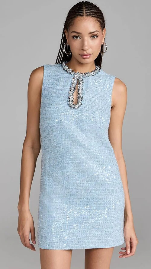 Self Portrait Sequin Boucle Mini Dress Blue Size M