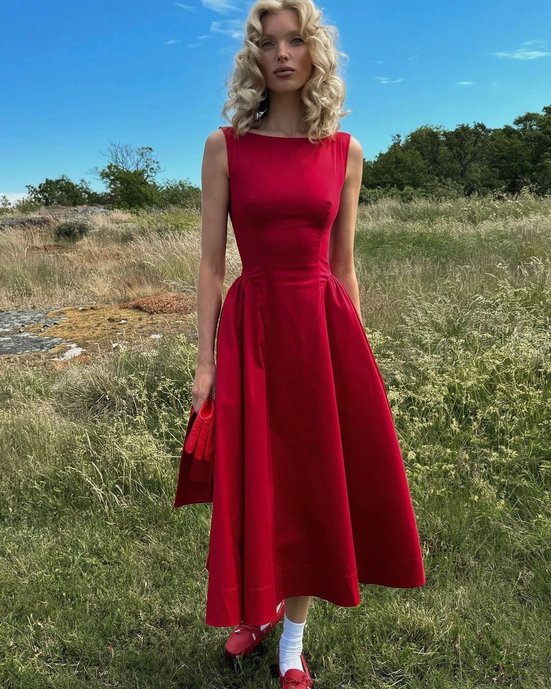 Helsa Stretch Cotton Sateen Midi Dress Red Size XS