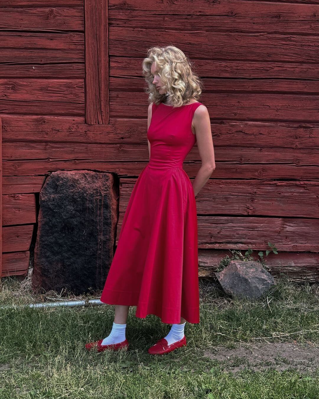 Helsa Stretch Cotton Sateen Midi Dress Red Size XS