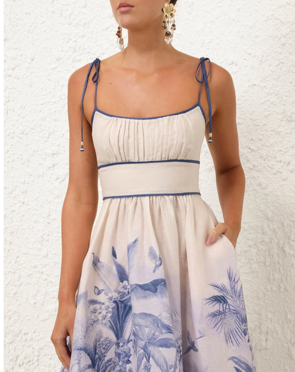 blue checkered pinafore dress Picnic Plans Floral Puff Sleeve Dress in White-2 | Size: XS