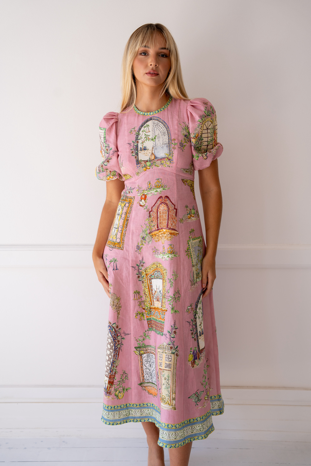 knee length dresses for ladies ALÉMAIS Ruby Applique Linen Midi Dress – T² main image 0