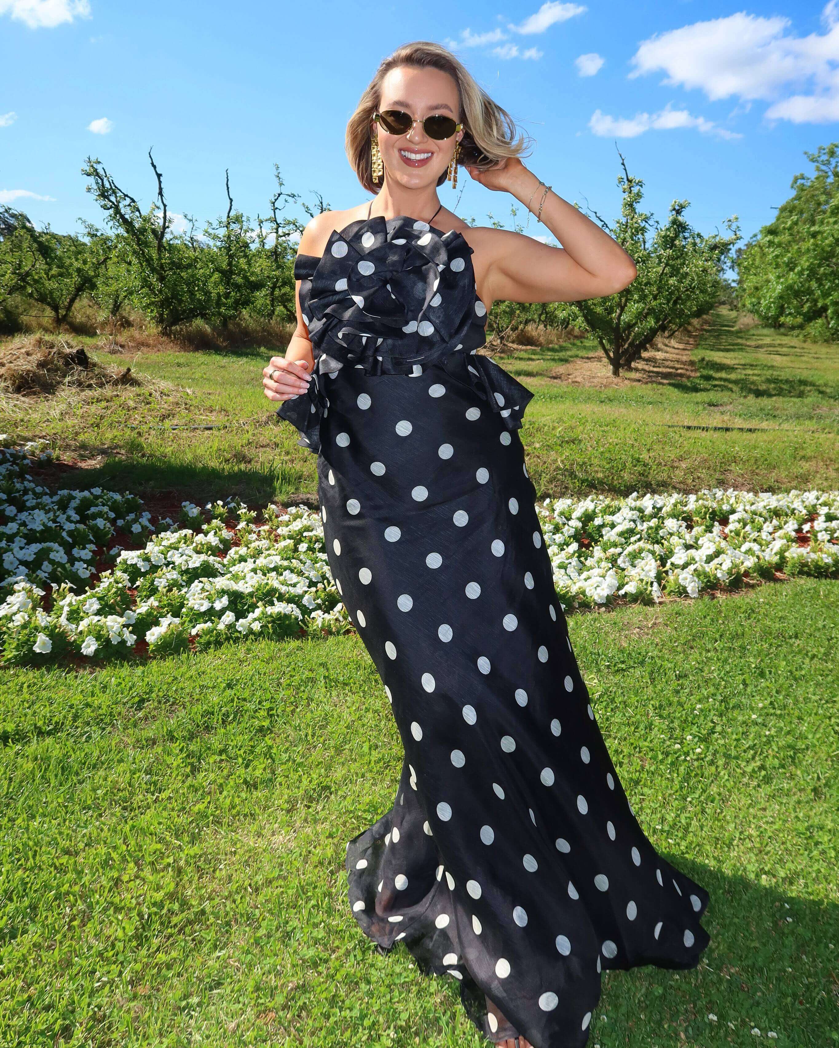Zimmermann Crush Ruffle Halter Maxi Dress Black/Cream Dot Size 0 & 1