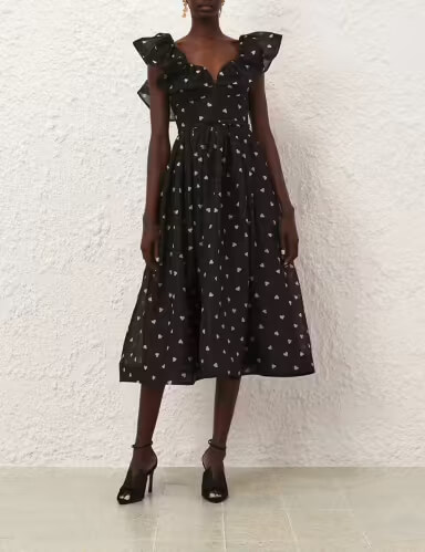 chinese dress ladies Zimmermann Crush V Neck Midi Dress, Cream/Black Dot, Size 4, 100% Linen