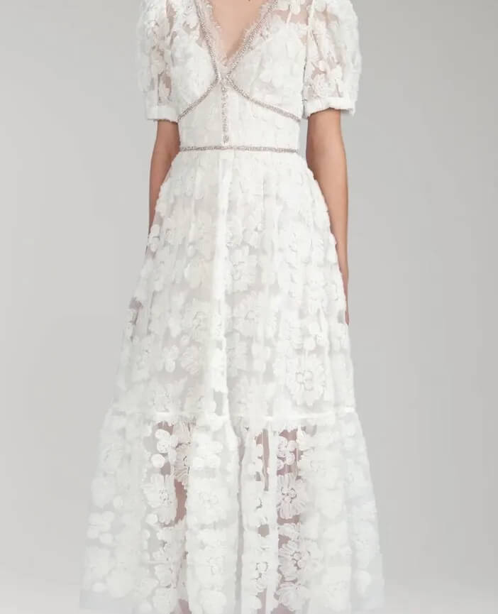 Self Portrait Ribbon Lace and Diamant Midi Dress White Size 12