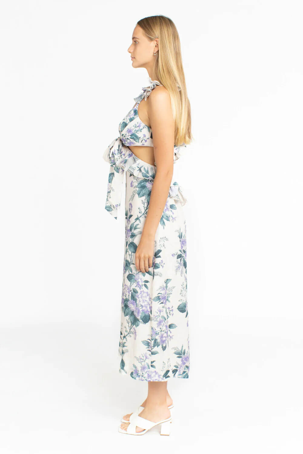 Zimmermann Cassia Ruffle Linen Midi Dress White Print Size 0